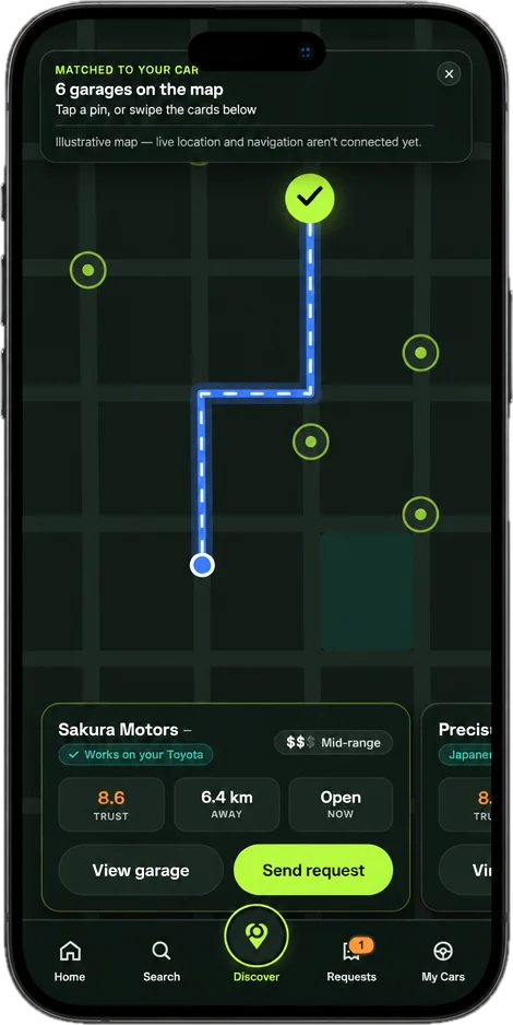 RevRooms discover map with garages matched to your car