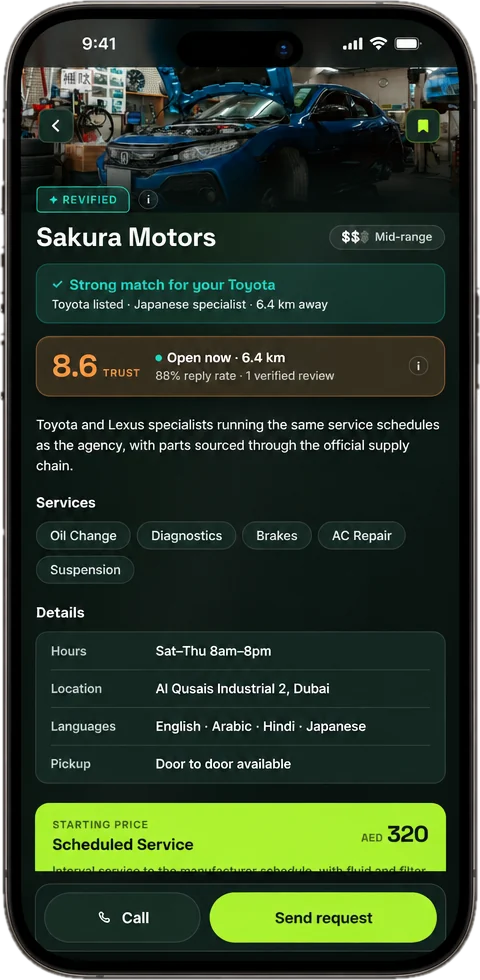 RevRooms garage profile with match, trust and services