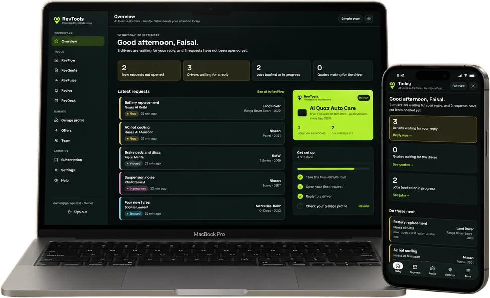 RevTools on a laptop and a phone: requests, drivers waiting and jobs in progress